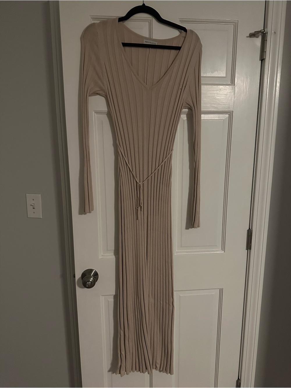 Ribbed V-Neck Maxi Dress with Waist Tie in Beige